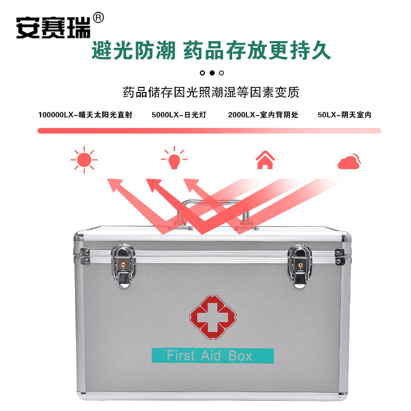 安赛瑞 医药箱 铝合金急救箱 企业家庭卫生应急物资药品箱 带锁出诊箱 14寸空箱 无肩带 701246高清大图