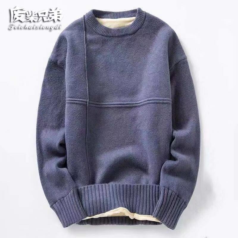 冬季新款男士加绒加厚圆领毛衣男青年学生针织衫衣服