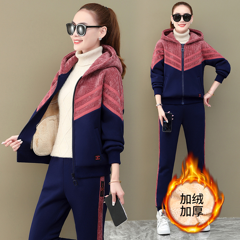 阿诗欧品牌女装加绒加厚运动套装女秋冬2020年新款时尚羊羔绒保暖连帽