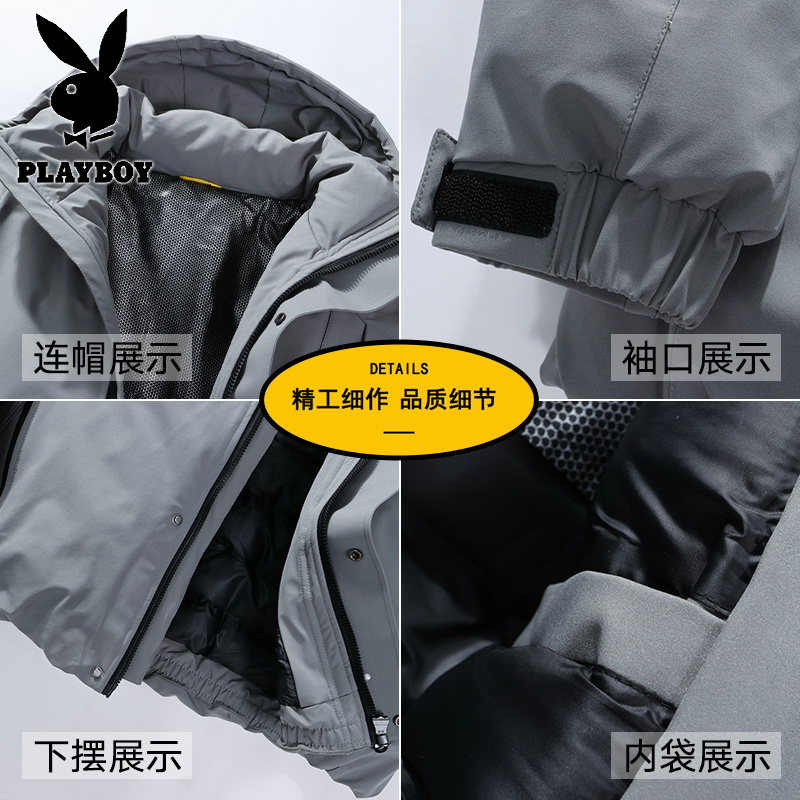 花花公子新款2025冬加厚保暖外套户外防风夹克连帽通勤棉衣高清大图