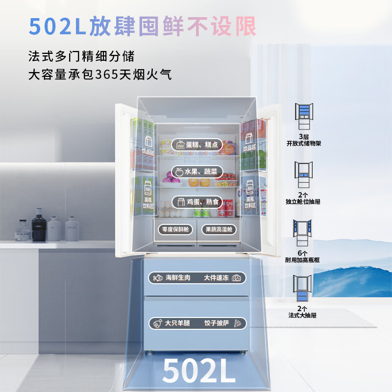 [美的出品]美的出品华凌冰箱超薄零嵌法式多门冷藏冷冻双净味一级能效家用大容量风冷无霜电冰箱 HR-520WUFPZ雾隐白高清大图