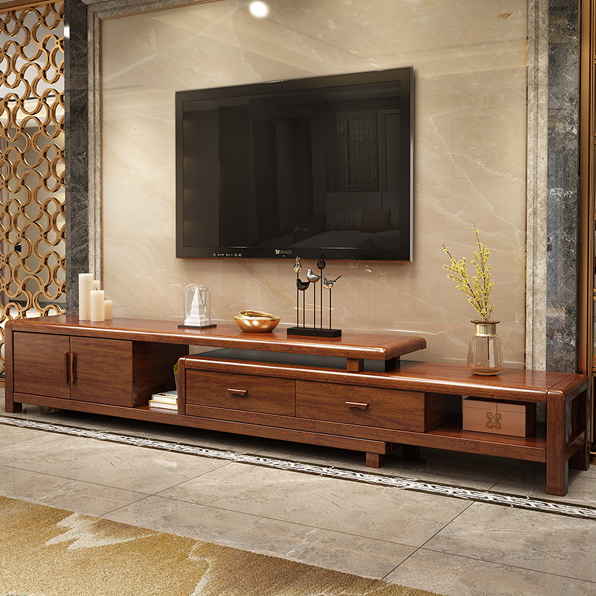 采百木caibaimu金丝胡桃木实木电视柜可伸缩中式现代客厅地柜组合小
