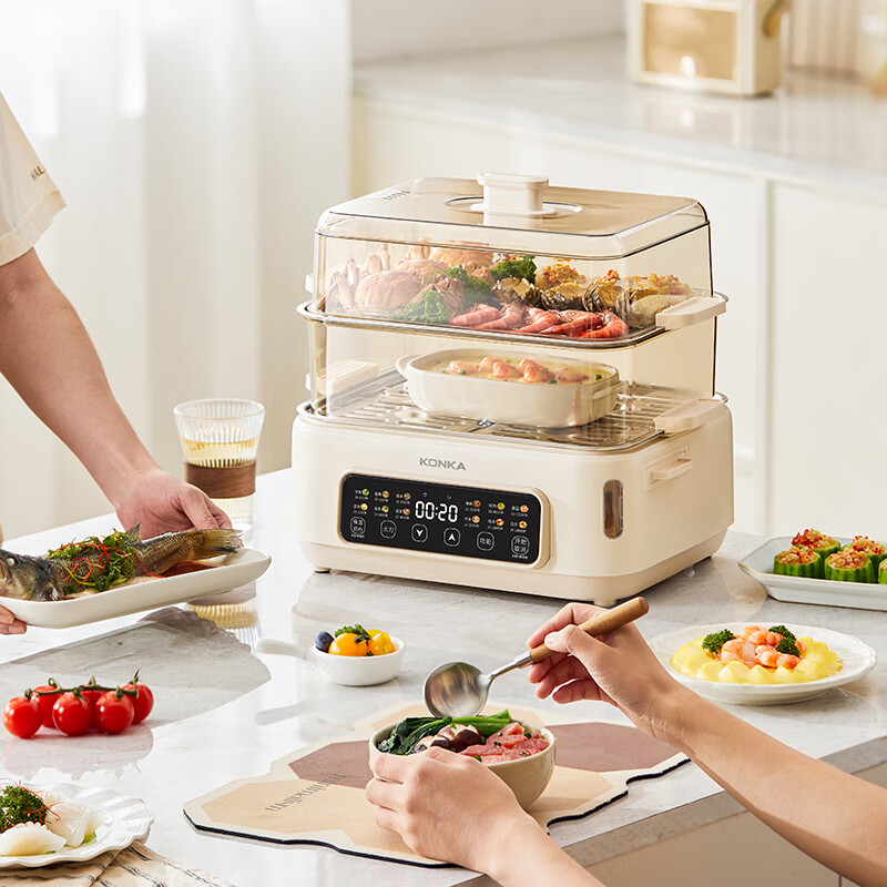 康佳(KONKA)KDZL-1555E电蒸锅 14L双层大容量便携加水 家用多功能电蒸箱不锈钢蒸片多用途蒸包子蒸螃蟹锅高清大图