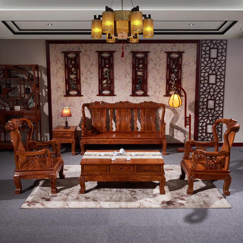 琪梦红木家具刺猬紫檀木牡丹沙发五件套花梨木小户型客厅中式沙发组合