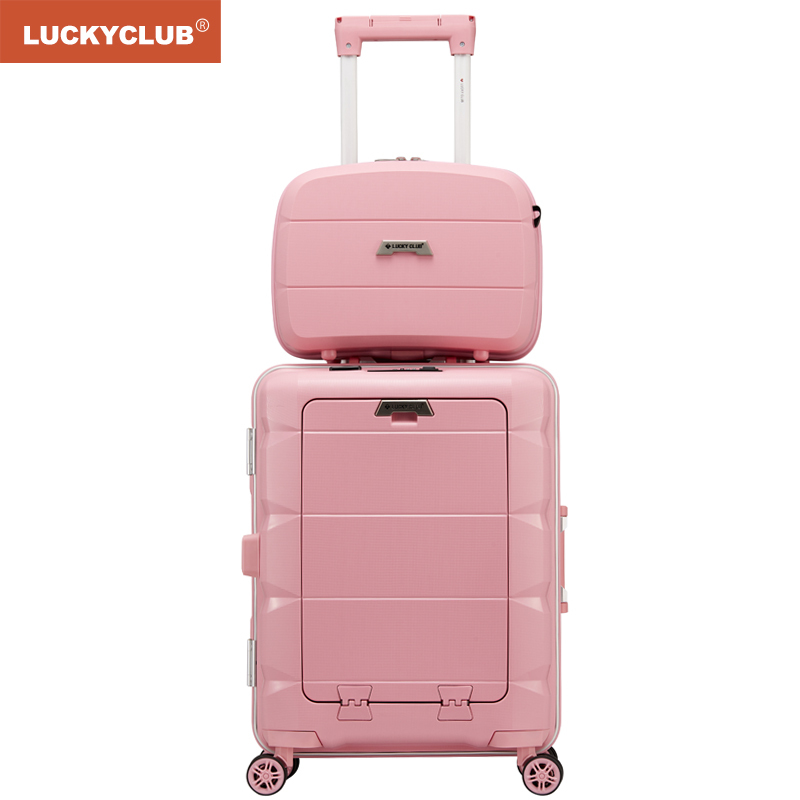 Lucky Club高颜值前置电脑行李箱男女密码开口商务旅行小型20寸多功能拉杆箱子子母箱20寸铝框粉