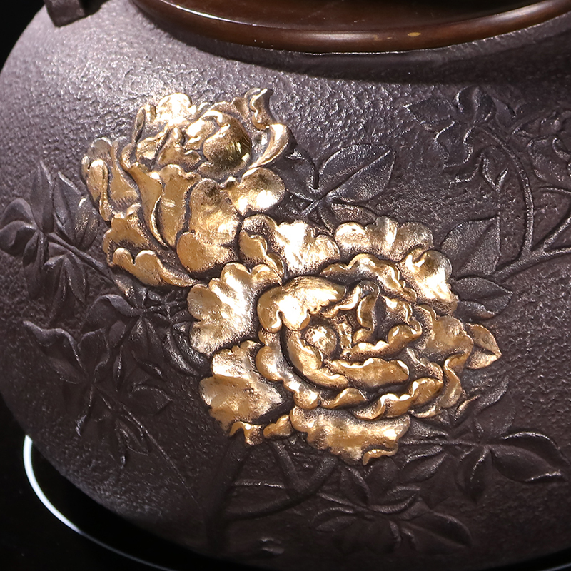 Atelier Tete 铁壶手工日本铁壶套装 南部铁器老铁壶煮水茶壶鎏金无涂层 鎏金浮雕牡丹铁壶