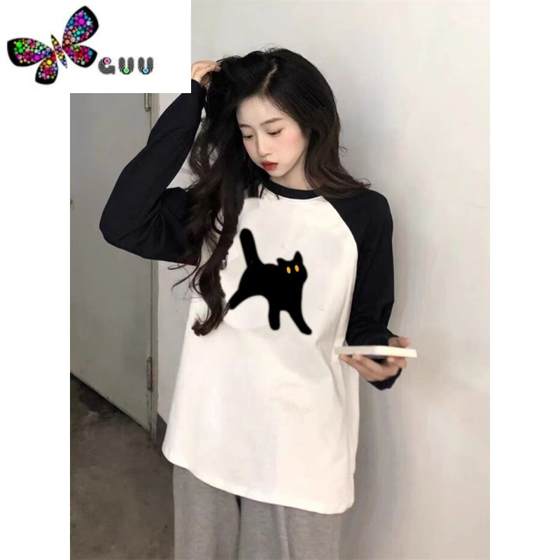 语娄卡通印花插肩长袖t恤女oversize宽松中长款打底体恤上衣