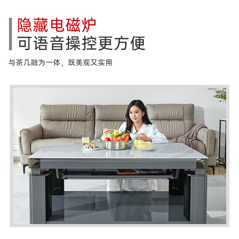 一均牌语音升降可移动电暖炉烤火桌家用长方形烤火茶几电暖桌变频取暖桌餐厅电炉茶几取暖茶几烤火炉 A53水晶帝王灰+平移系统