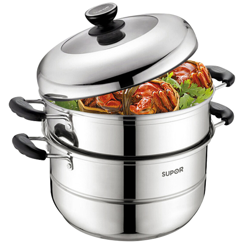 苏泊尔(SUPOR)易存储304食品级不锈钢双层复底蒸锅易清洁易储存高透可视玻璃 SZ28B2 28cm