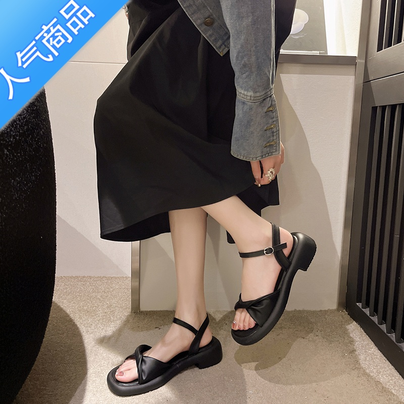 SUNTEK法式配裙子凉鞋女款夏季2023新款粗跟一字时装小高跟鞋网红罗马鞋