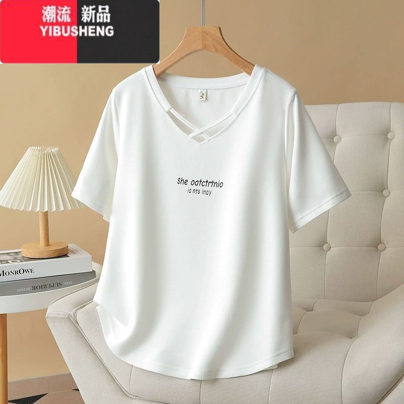 YIBUSHENG300斤大码女士季时尚洋气减龄v领正肩短袖t恤胖m遮肚子显瘦上衣 白色 5XL建议240-300斤