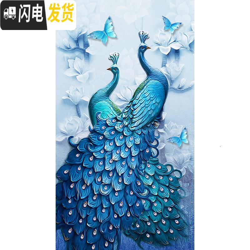 三维工匠5D钻石画满钻2019年新款客厅玄关孔雀凤凰点砖水晶十字 异形钻满钻[比翼孔雀100*180厘米]多配30十字绣高清大图