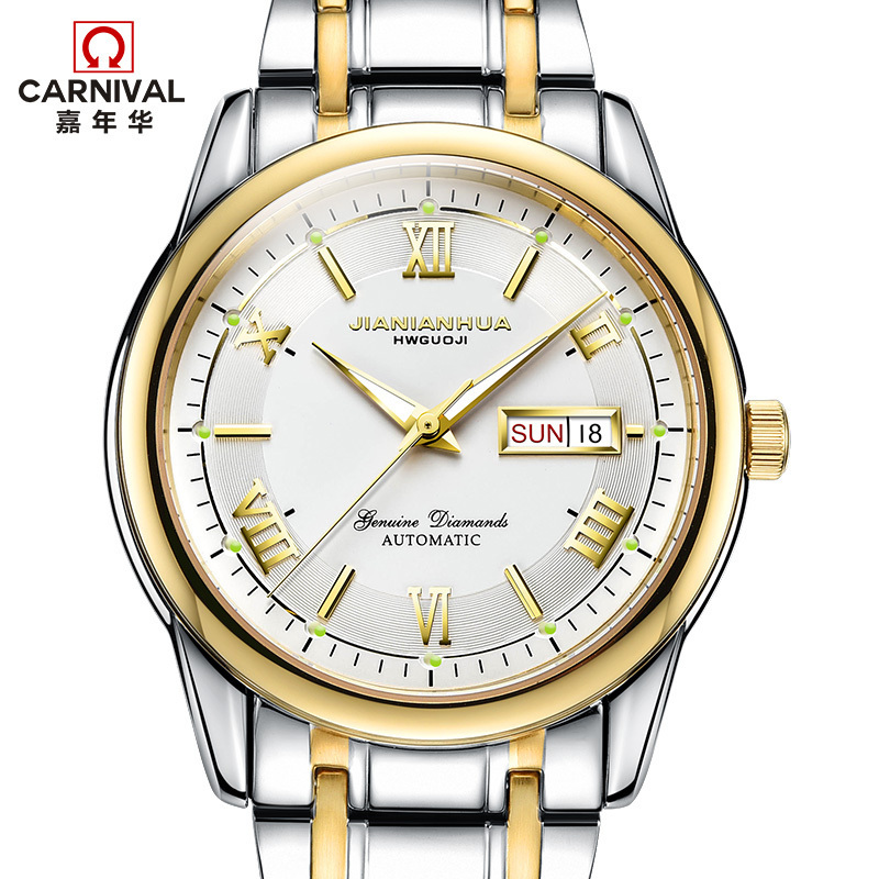 嘉年华CARNIVAL瑞士品牌手表新款商务系列防水男士全自动机械表 男时尚双日历精钢夜光镶水钻男表腕表金属精钢8610G高清大图