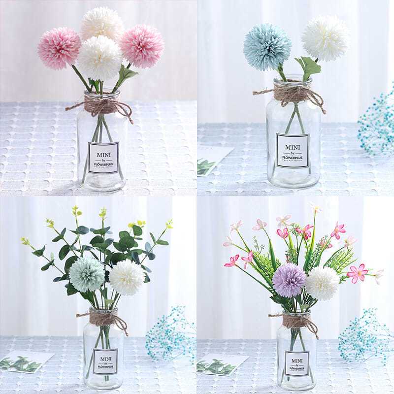 MN乒乓菊2蓝 送玻璃瓶小清新绣球假花仿真花客厅摆设餐桌塑料绢花艺装饰品摆件