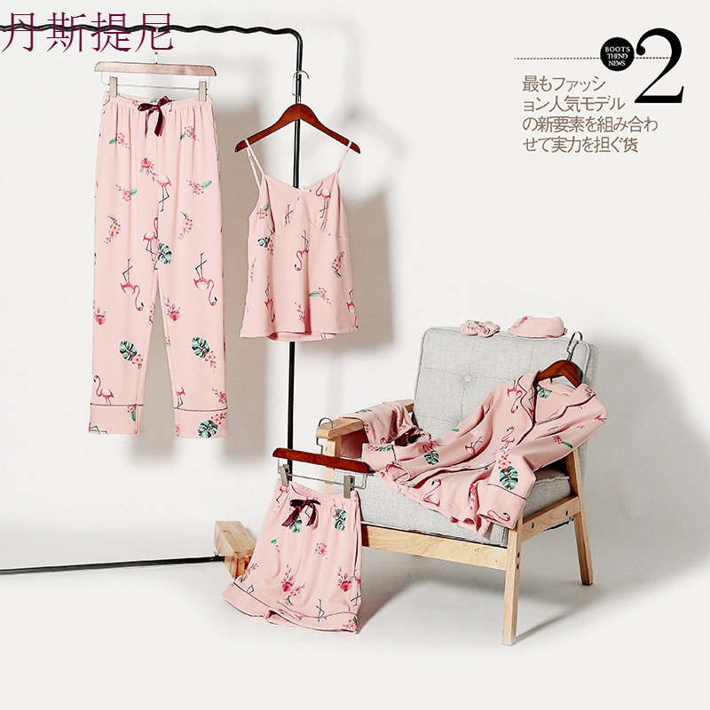 纯棉睡衣女夏春秋长袖火烈鸟七件套装甜美可爱大码家居服全棉