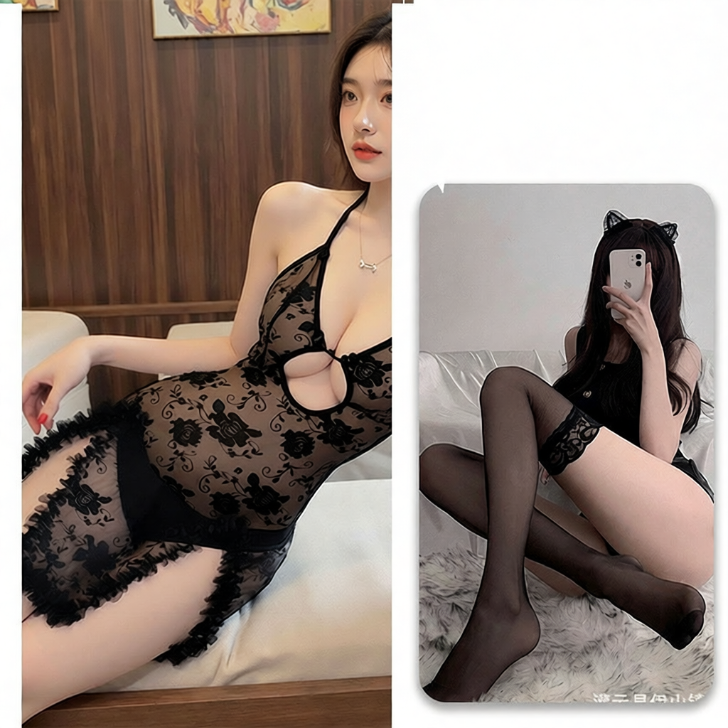 硕遥情趣内衣女性感深V镂空蕾丝透视国风睡裙纯欲露背开叉吊带543 黑色+蕾丝袜