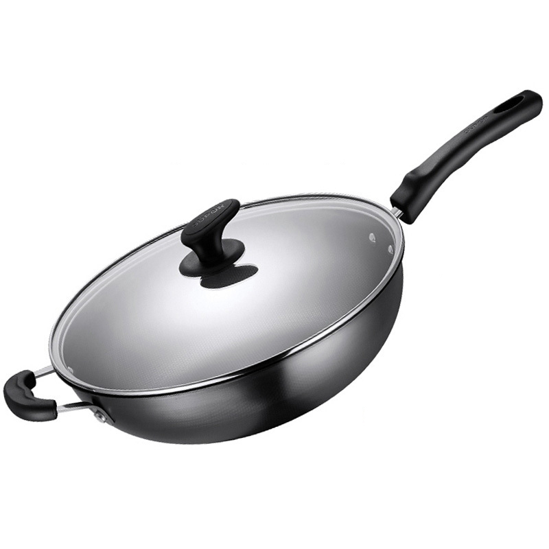 苏泊尔铁锅真不锈蜂窝爆炒锅无涂层炒锅大炒勺明火专用炒菜锅带盖32cm