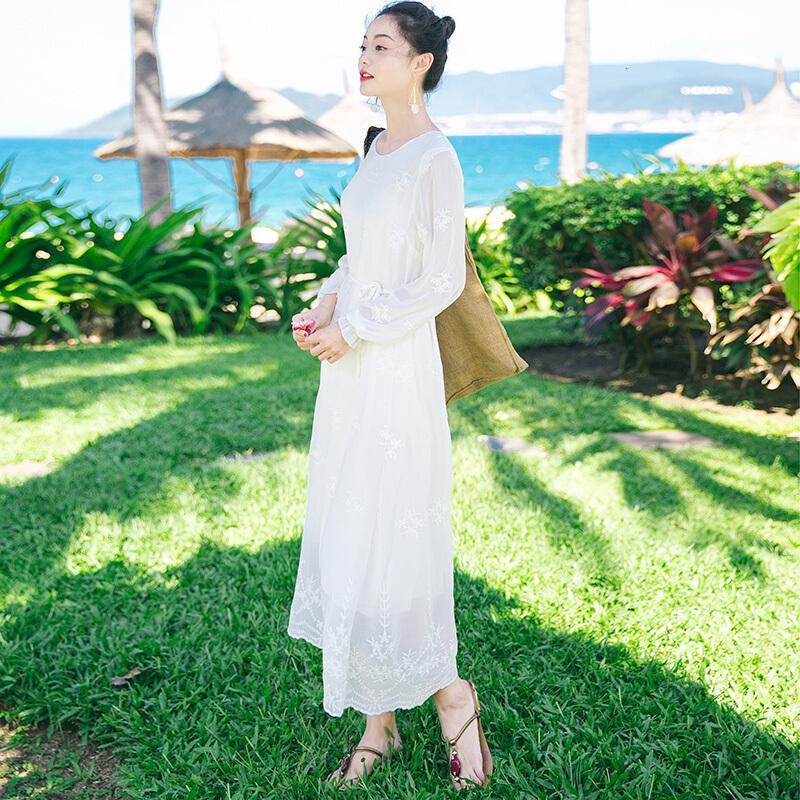 2017夏季新品女装长袖白色雪纺连衣裙波西米亚长裙海边度假沙滩裙白色