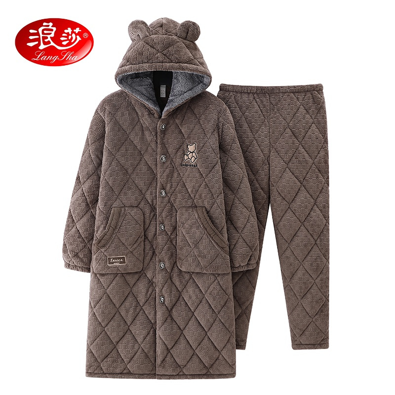 浪莎睡衣男士冬季加厚加绒2024新款三层夹棉中长款睡袍套装可外穿