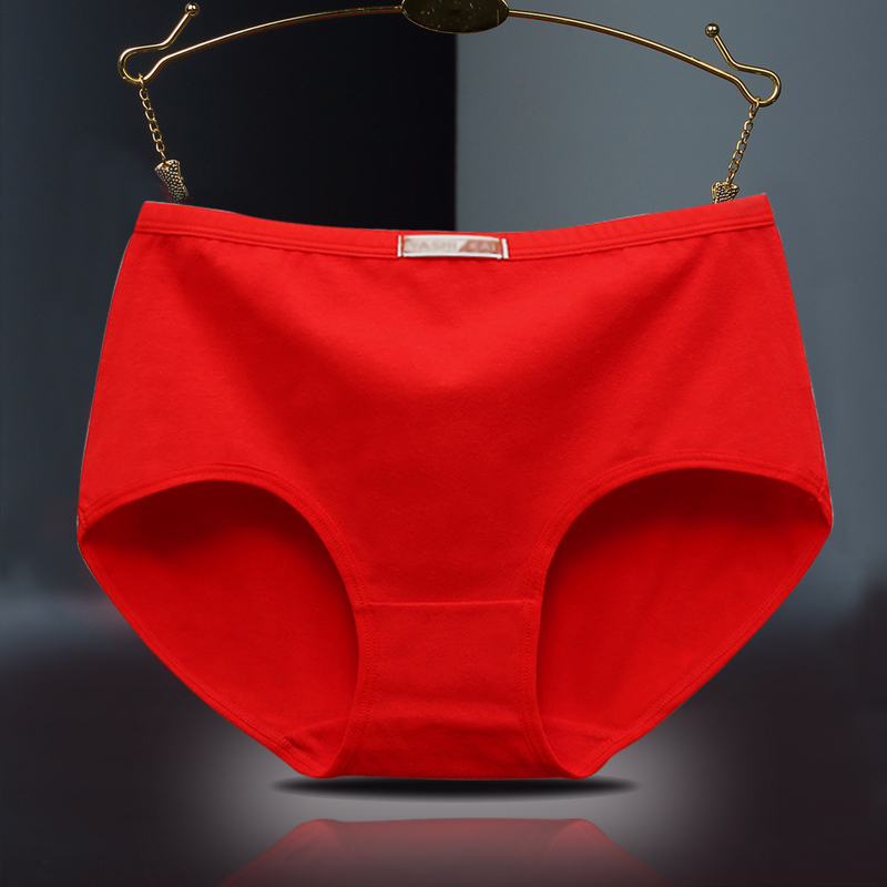 yunwuxin四条装本命年女士内裤女棉中腰印花大红内裤结婚三角裤牛年