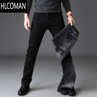HLCOMAN纯黑色弹力加绒牛仔裤男士直筒小脚加厚青年修身p暖男裤子