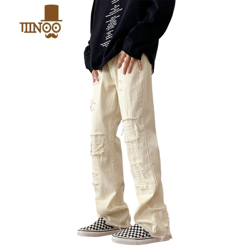 YANXU设计感破洞毛边牛仔裤男做旧水洗高街复古宽松直筒阔腿长高高清大图
