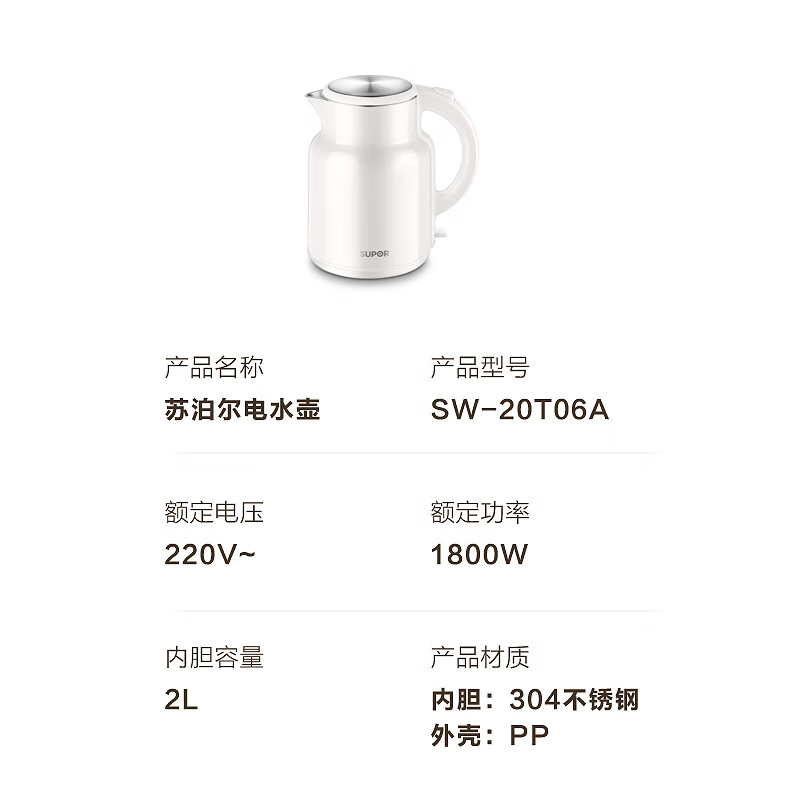 苏泊尔(SUPOR)SW-20T06A 烧水壶电热水壶家用大容量开水壶304不锈钢 1800W(单位:台)白色高清大图