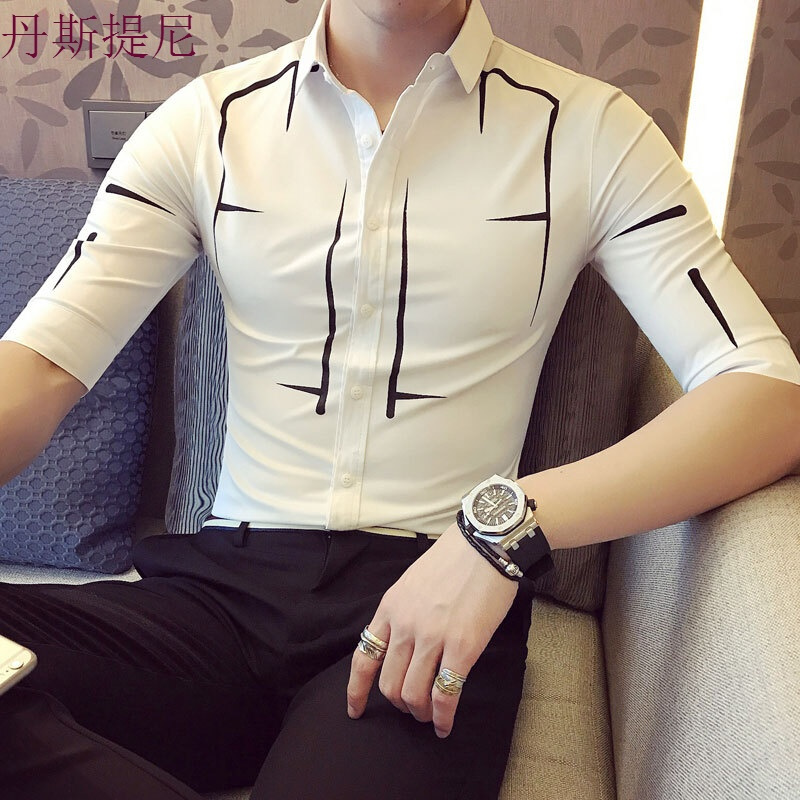 夏季男士印花短袖衬衫韩版修身七分袖衬衣型师男装青年潮流中袖白色C284白色
