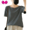 七斓2022夏洋气条纹短袖T恤女宽松圆领背心针织棉麻bf风半袖