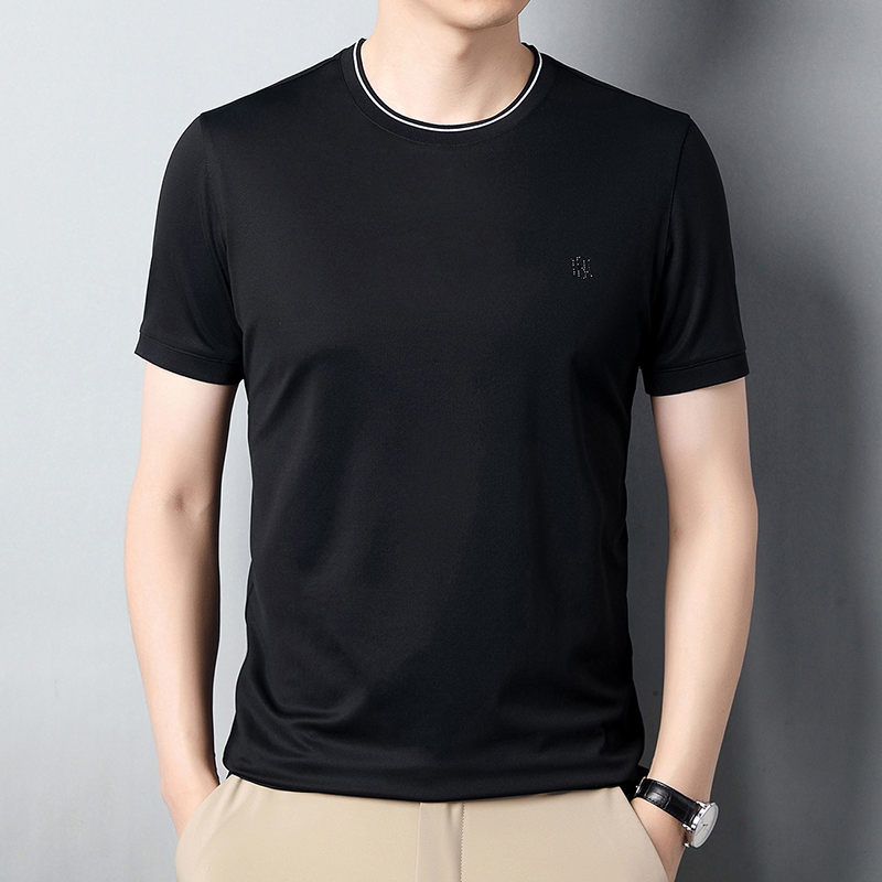 专柜品牌短袖T恤男士桑蚕丝圆领纯色真丝体恤中年宽松 195/5XL200-220斤穿 黑色