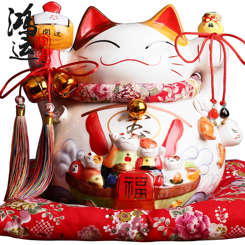 日本正版猫摆件14寸特大号储气罐存钱罐陶瓷店铺开业创意礼品 三维工匠 14寸财源滚滚豪华版猫高清大图