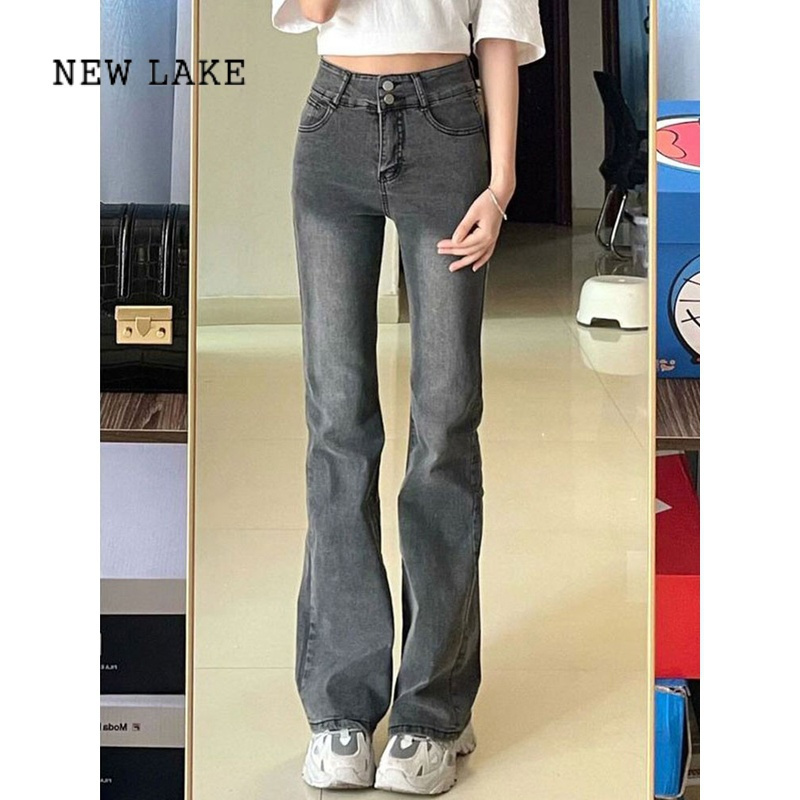 newlake黑灰色弹力微喇牛仔裤女装春新款高腰显瘦梨形身材直筒长裤子