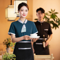 餐饮服务员工作服女短袖夏季中式茶餐厅西餐厅农家乐火锅店工装男-男黑色上衣;3XL