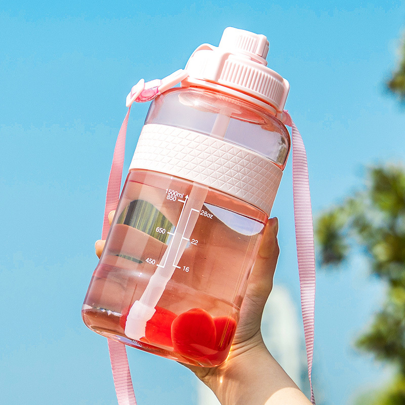 超大容量塑料水杯女生便携太空杯子户外运动特大号吸管水壶1000ml 粉色2000ml(送吸管+背带)高清大图