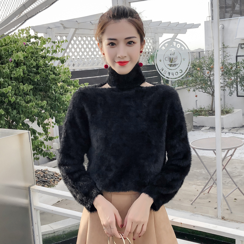 秋款高翻领长毛貂绒软妹毛衣女套头韩版宽松高腰显瘦超短针织上衣