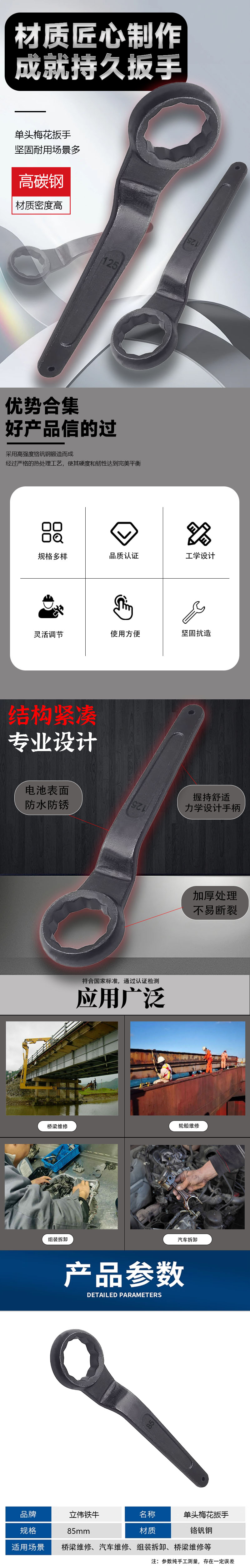 立伟铁牛单头梅花扳手85mm/把高清大图