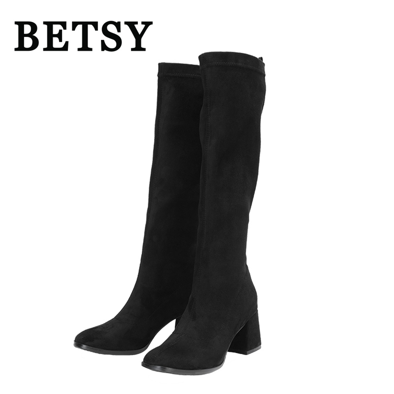 BETSY 羊京布绒面高跟长筒靴子高筒女靴圆头粗跟方跟防水台弹力靴女鞋秋冬街头性感潮流