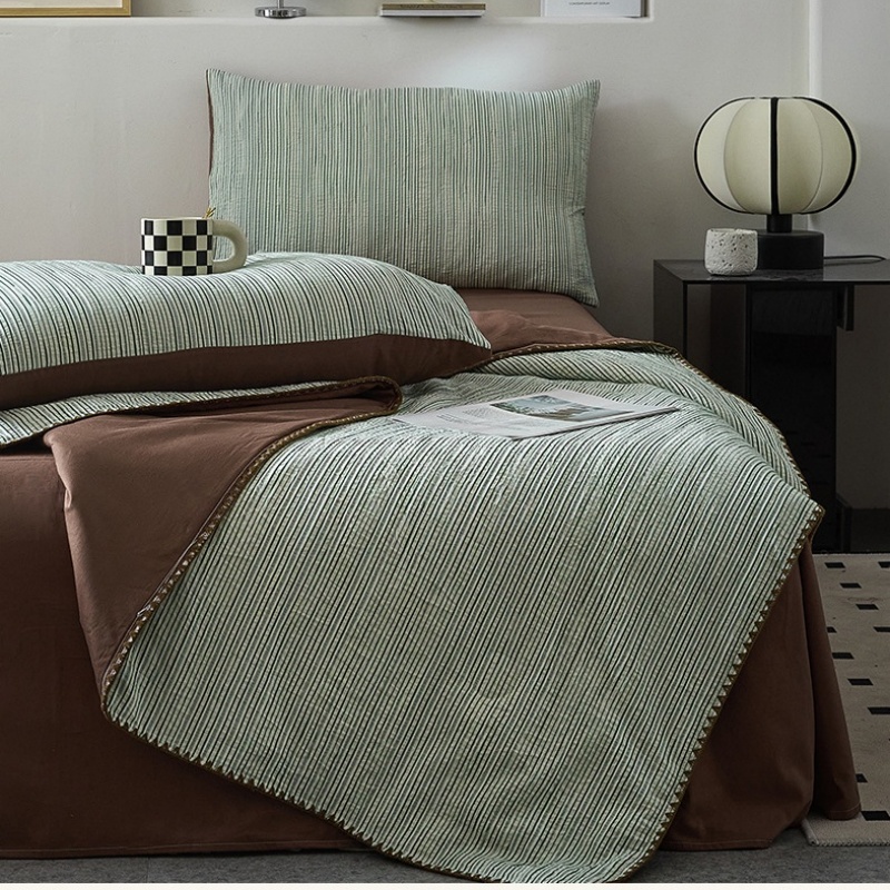 铭思沃夏被三件套1.5米床 绿条纹 套高清大图