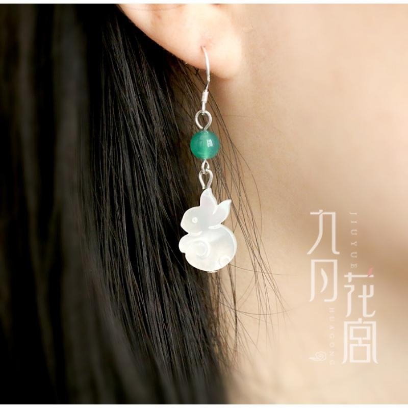 复古925纯银勾长款气质百搭淑女耳环 贝壳兔子绿色玛瑙大气耳坠送女朋友老婆生日礼物送女朋友七夕情人节礼物
