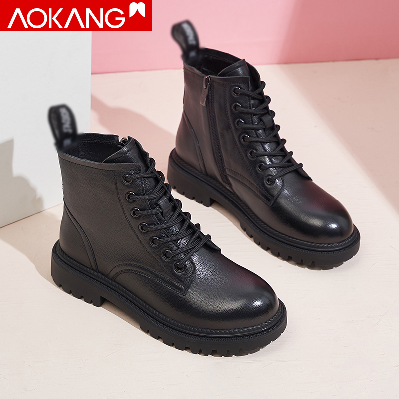 奥康女鞋厚底马丁靴女英伦风短靴休闲百搭皮靴牛皮女靴子
