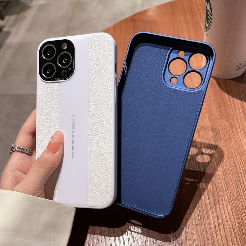 华均魅苹果14pro手机壳保时捷 iphone15promax真皮荔枝纹高端轻奢商务