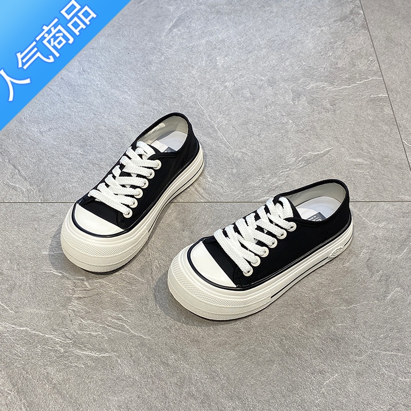 SUNTEK洋气薄款透气帆布鞋女2023夏新款圆头丑萌增高板鞋百搭厚底休闲鞋高清大图