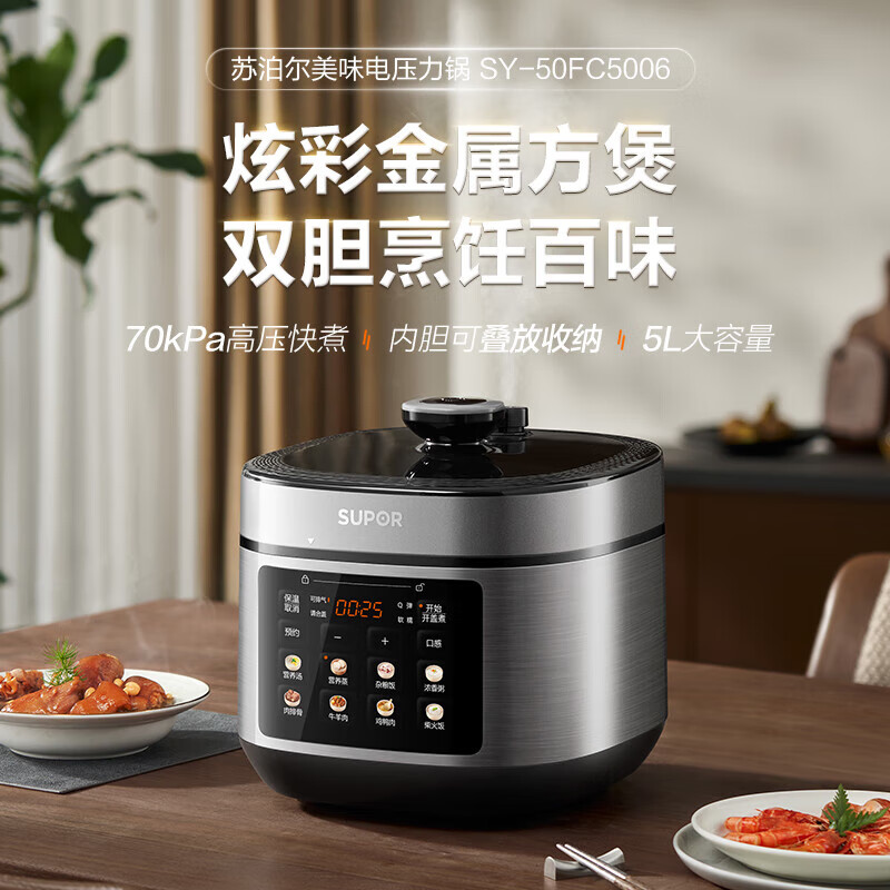 苏泊尔(SUPOR)电压力锅深汤系列厚底钢釜双胆5升智能上蒸下煮电高压锅0涂层钢胆多功能电饭锅 SY-50FC5006高清大图