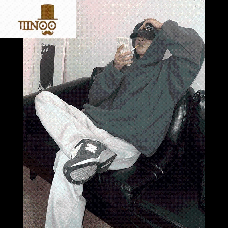 YANXU美式街头oversize基础纯色连帽卫衣男ins潮牌加绒加厚上衣高清大图