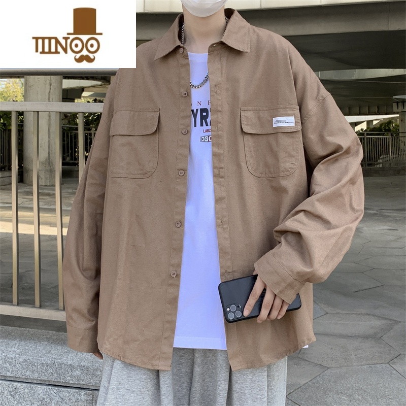 YANXU日系cityboy翻领衬衫男宽松百搭简约纯色外套帅气工装上衣高清大图