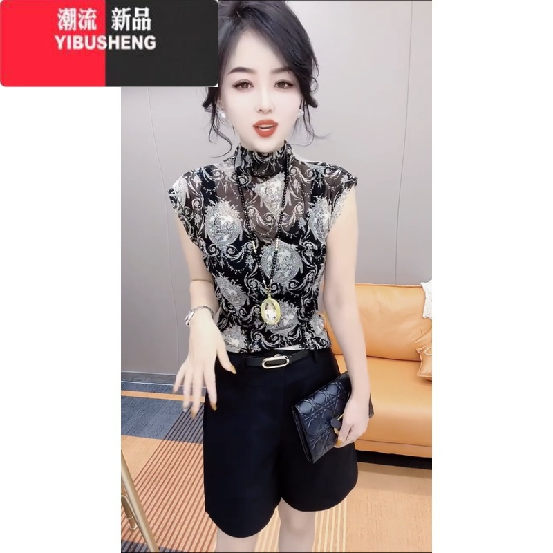 YIBUSHENG欧货2024季新款半高领包肩袖网纱t恤女修身气质外穿百搭上衣