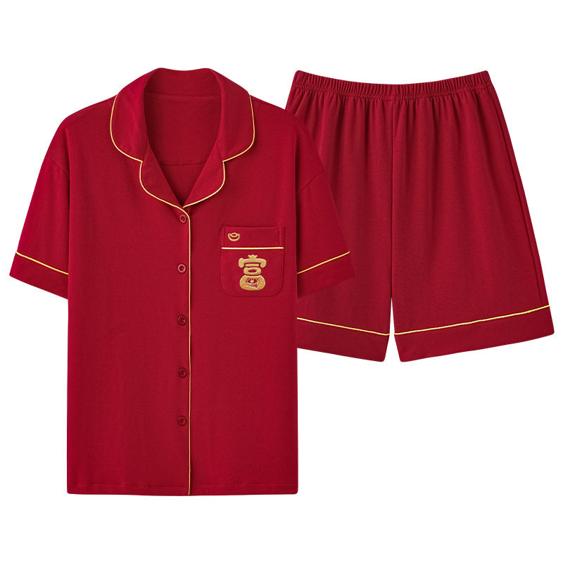 本命年红色春夏季纯棉女士喜庆短袖短裤开衫翻领可外穿家居服套装高清大图