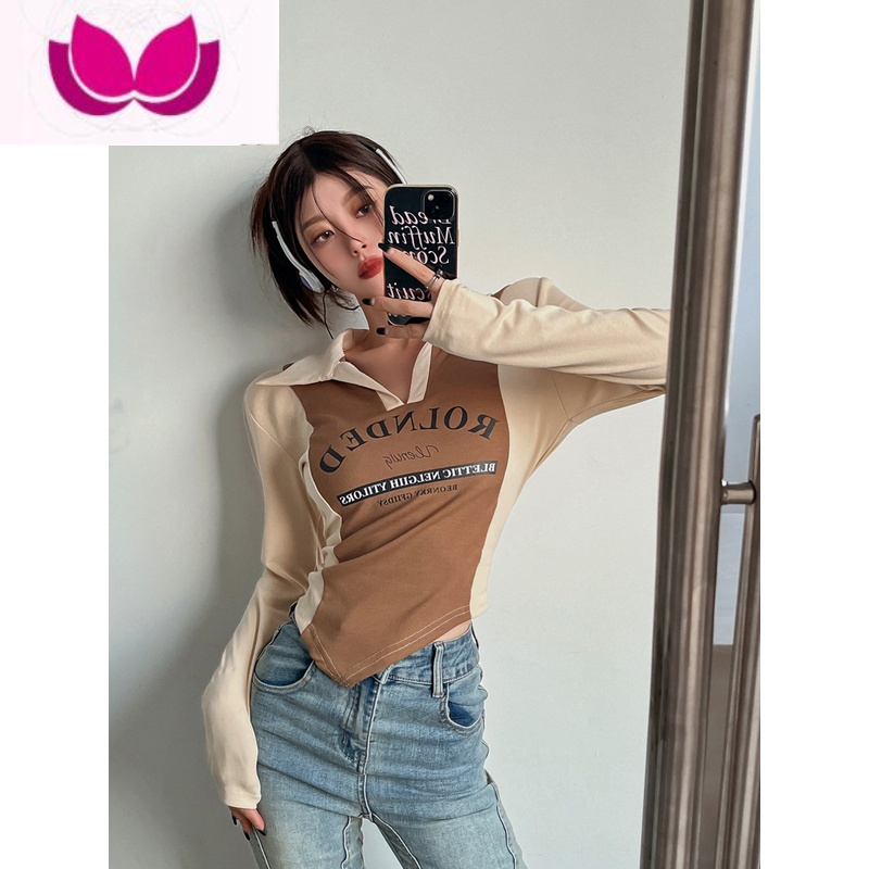 七斓美式不规则领T恤女春季新款复古甜辣紧身打底衫正肩长袖上衣