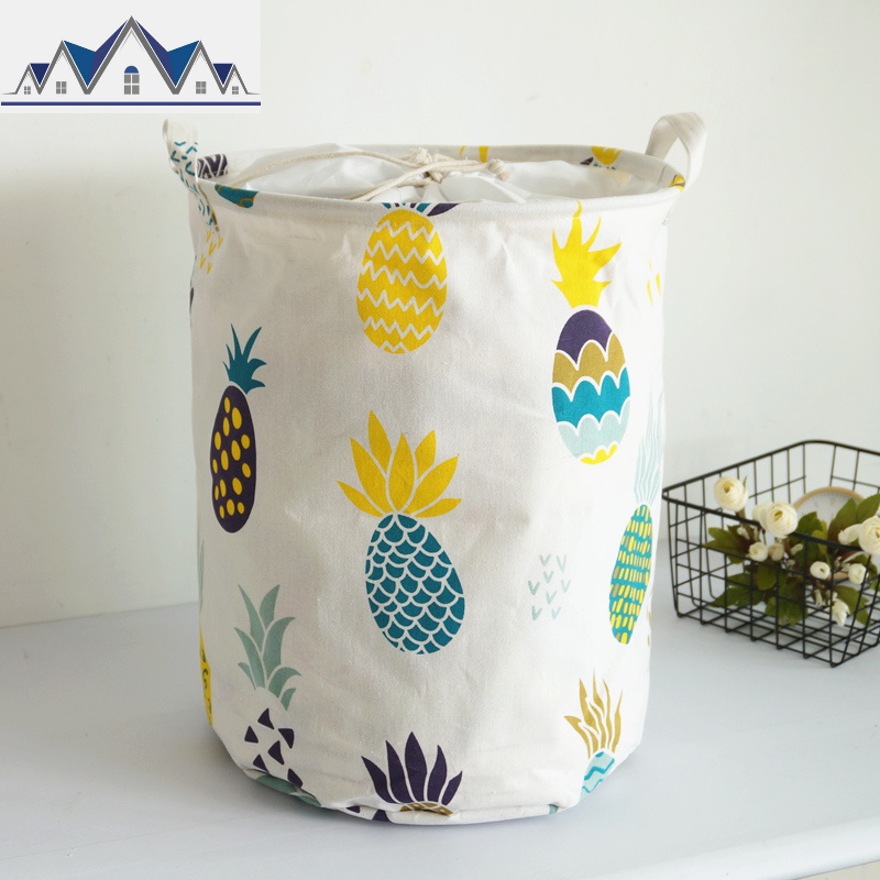 北欧布艺可折叠束口收口防尘脏衣篮玩具收纳桶宿舍脏衣服收纳筐篓 三维工匠收纳篮 多彩菠萝束口35*45