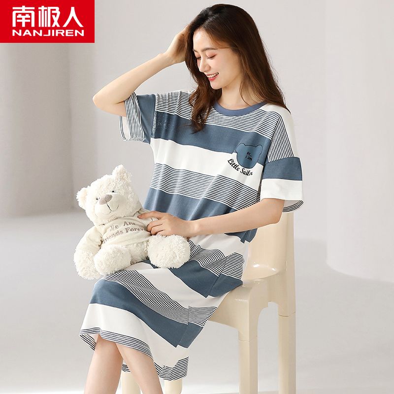 南极人睡裙女士夏季棉短袖长款连衣裙2023新款卡通夏天睡衣薄款 M DD7022女